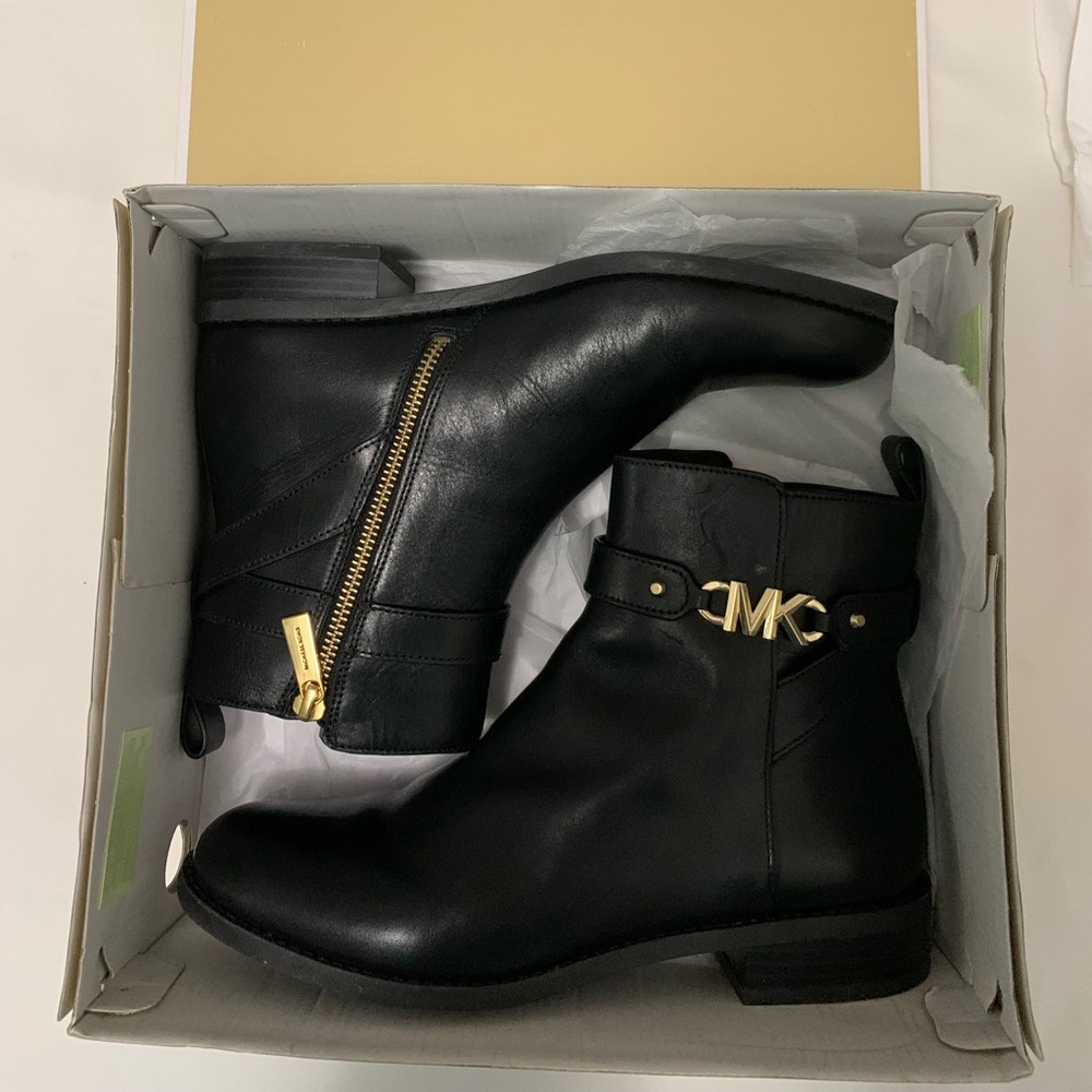 Michael Kors Black Leather Ankle Boots (Farrah Flat Bootie)